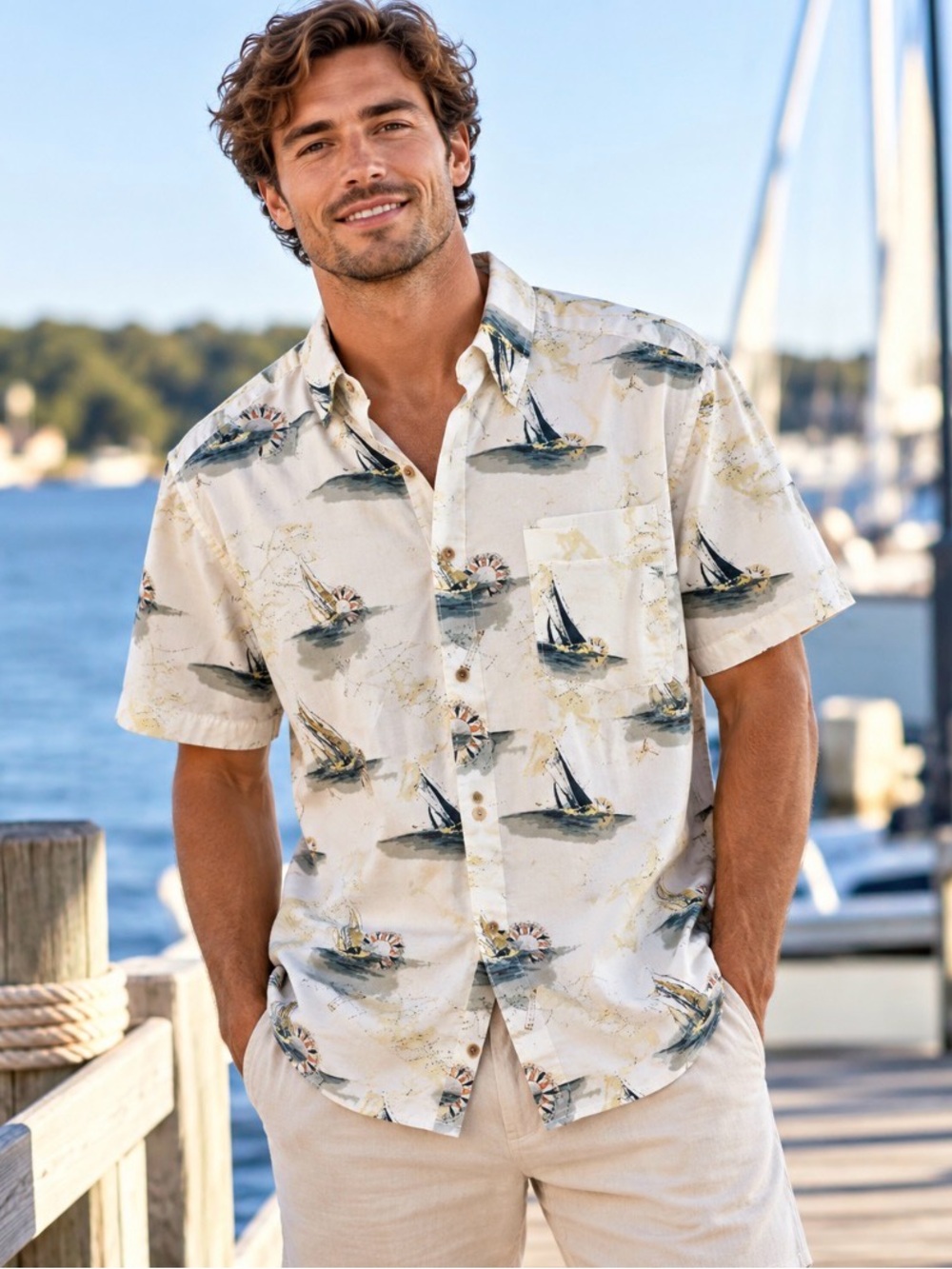 Crossings Mens Small Nautical Sailboat Print Cotton Button Down Shirt Coastal